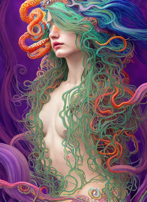 Image similar to A sea goddess with colorful tentacles hair having an colorful enlightening, magic mushrooms, psilocybin, LSD, face, detailed, intricate, elegant, highly detailed, digital painting, artstation, concept art, smooth, sharp focus, illustration, art by Krenz Cushar, Artem Demura, alphonse mucha, Octane render, unreal engine, 8K