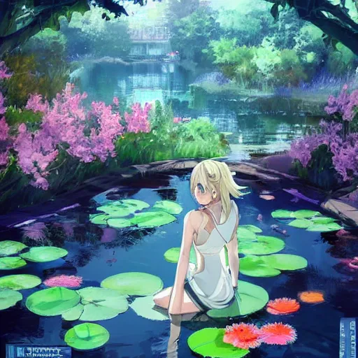 Prompt: isekai masterpiece drawn byaenami alena, atroshenko andrew, asencio henry, averin alexandr, blanchard antoine, bussiere gaston of a beautiful anime girl sitting in a pond filled with lily pads and koi fish