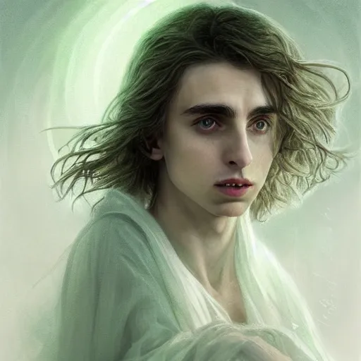 Image similar to Timothy Chalamet as Galadriel, ethereal, half-body portrait, Lord of the Rings, fantasy, portrait, highly detailed, digital painting, artstation, concept art, sharp focus, illustration, art by artgerm and greg rutkowski and magali villeneuve, white and green color scheme