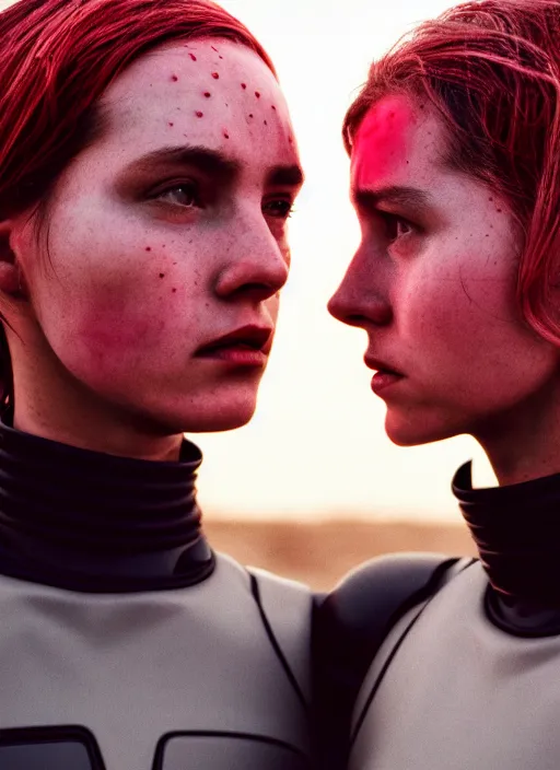 Image similar to cinestill 5 0 d photographic portrait of two loving female androids wearing rugged black mesh techwear on a desolate plain with a red sky, extreme closeup, cyberpunk style, garters, dust storm, 8 k, hd, high resolution, 3 5 mm, f / 3 2, ultra realistic faces, ex machina