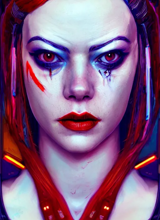 Prompt: cyberpunk portrait of emma stone as harley quinn, hyper detailed, digital art, trending in artstation, cinematic lighting, studio quality, smooth render, unreal engine 5 rendered, octane rendered, art style by klimt and nixeu and ian sprigger and wlop and krenz cushart.