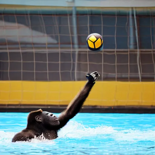 Prompt: back side photograph of a silverback gorilla throwing a ball to a water polo goalkeeper