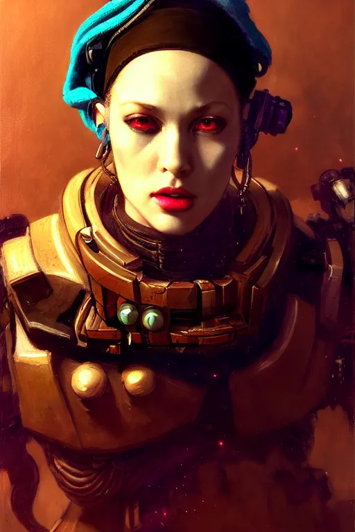 Image similar to character portrait cyberpunk starcraft terran warhammer 4 0 k space marine commmissar ( ( ( ( ( ( ( ( totally definitely not negative no not girl with the pearl earring inspired ) ) ) ) ) ) ), character design, painting by gaston bussiere, katsuya terada, frank frazetta, tom of finland, trending on artstation