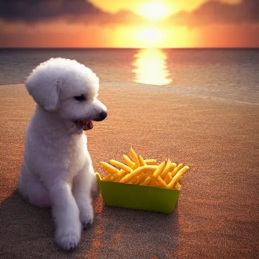 Image similar to a photorealistic photograph of a smiling white bichon puppy eating basket of french fries during sunset at the beach Trending on artstation, featured on Behance, well-rendered, Unreal Engine, 4K HD