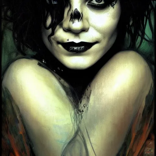 Image similar to beautiful portrait of vanessa hudgens as death from sandman, smiling, by cedric peyravernay, alphonse mucha, by jeremy mann, by lecouffe deharme, goth chic, soft lightning, eyeliner, punk rock, high detailed, 8 k