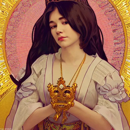 Prompt: condescension of a proud queen to a servant kneeling before her, yellow eyes, sitting in a chair while posing for a photo, highly detailed, digital painting, artstation, smooth, sharp focus, illustration, art by artgerm and alphonse mucha, high definition digital art, in the style of ilya kuvshinov and Ross tran