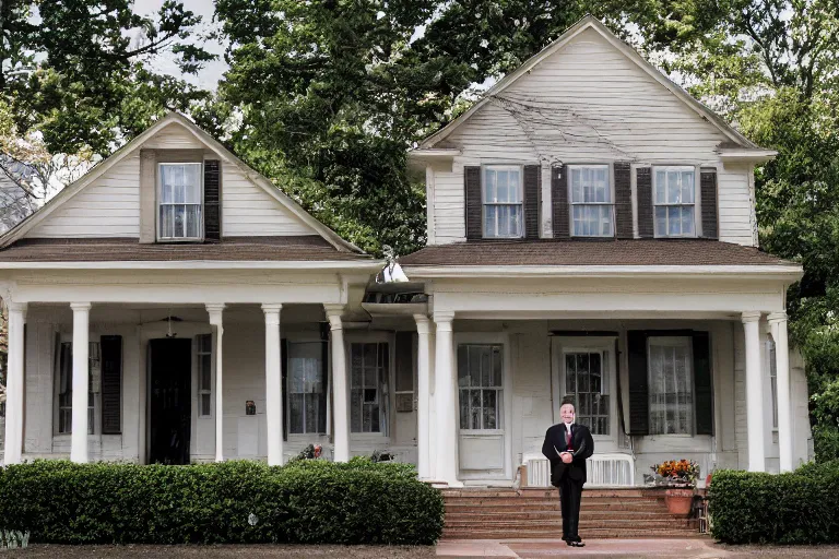 Image similar to cinematic film still from 1994 film: portly clean-shaven white man wearing suit and necktie standing on the front porch of his house. XF IQ4, f/1.4, ISO 200, 1/160s, 8K, RAW, dramatic lighting, symmetrical balance, in-frame