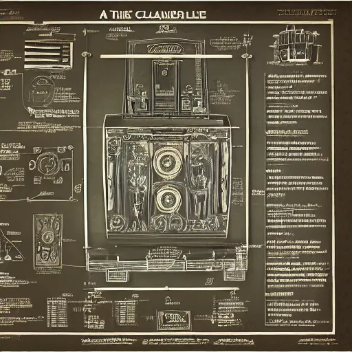 Image similar to a very detailed scheme blueprint of the time machine