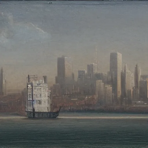 Image similar to a steamship suspended above a city skyline