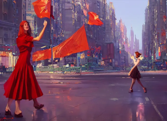 Image similar to gorgeous inspiring girl enthusiastically waving a red flag over her head to lead people in a Mandelbrot fractal bustling utopian NY by Craig Mullins, ilya kuvshinov, krenz cushart, artgerm trending on artstation by Edward Hopper and Dan Mumford and WLOP and Rutkovsky, Unreal Engine 5, Lumen, Nanite, low poly
