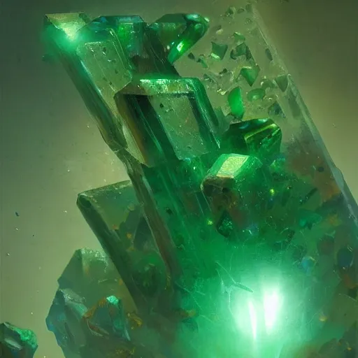 Image similar to Emerald crystals natural gemstone, optical caustic lighting, by Greg rutkowski, trading on artstation