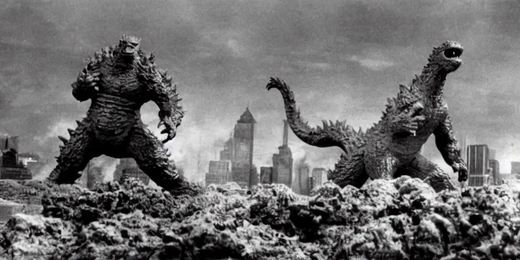 Image similar to a photo of godzilla tron fighting claymation rodan