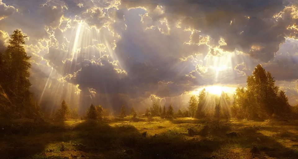 Image similar to heaven with angels floating on clouds god rays, by eugene von guerard, ivan shishkin, dramatic lighting, concept art, trending on artstation, 8 k