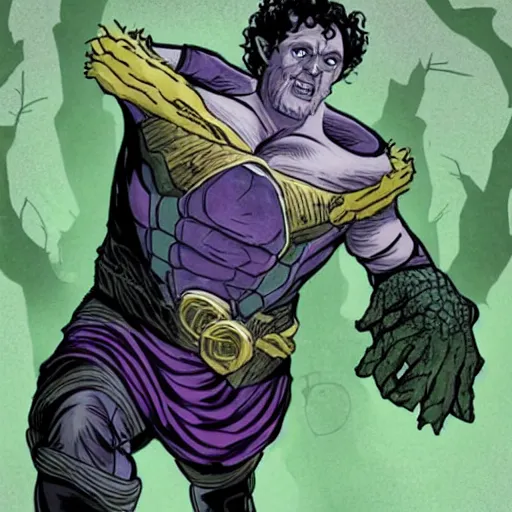 Prompt: Thanos as Frodo Baggins, the shire, short person, the ring, lord of the rings