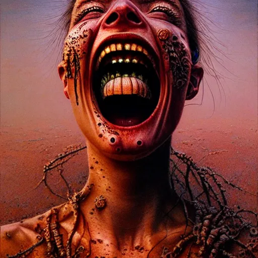 Image similar to ultra realist intricate detailed portrait of a single rugged attractive female screaming single mouth, full body, accurate features, apocalyptic, very intricate details, 8 k resolution, dim lighting, dramatic lighting, artstyle zdzisław beksinski, award winning