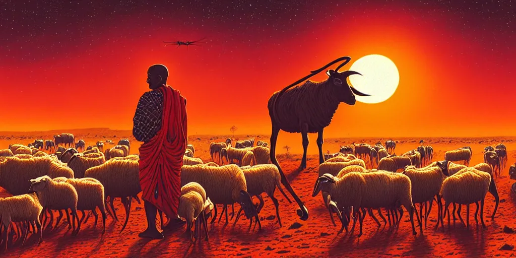 Image similar to an masai warrai guarding a herd of sheep in a large arid plain, surrounded by alien creatures while the orange sun sets. by dan mumford.