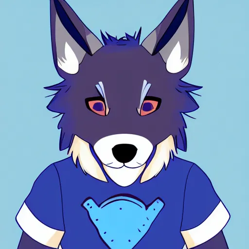 Image similar to an anthro anthropomorphic furry fursona hybrid of a blue german shepherd and a blue fox, with blue fur and blue eyes in a tee shirt, award winning digital art, trending on furaffinity, artstation, pixiv