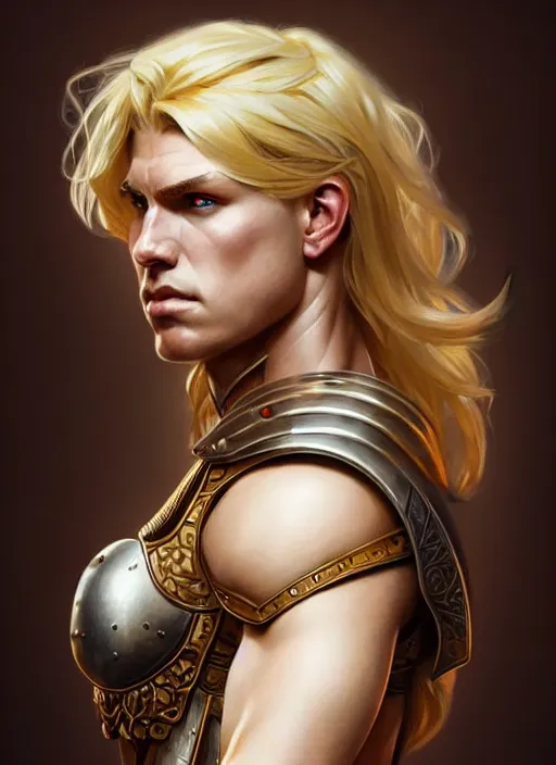 Image similar to symmetry! portrait of barbarian, short blond hair, d & d, muscular!! angry, armour, fantasy, intricate, elegant, highly detailed, digital painting, artstation, concept art, smooth, sharp focus, illustration, art by artgerm and greg rutkowski and alphonse mucha