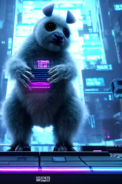 Prompt: high quality 3 d render sci - fi very cute neuromancer fluffy! mutant cow hybrid! playing keyboard, highly detailed, unreal engine cinematic smooth, in the style of blade runner & detective pikachu, hannah yata charlie immer, blue light, low angle, uhd 8 k, sharp focus