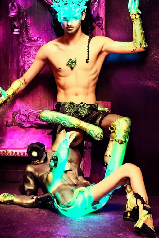 Image similar to full-body rococo and cyberpunk style neon statue of a young attractive Zayn Malik macho dotado e rico android sim roupa reclining con las piernas abertas e la piroca dura, glowing mint laser eyes, golden prince crown, black steampunk gears, pink diamonds, swirling mint-colored silk fabric. futuristic elements. black dripping tar. full-length view. space robots. human skulls. intricate artwork by caravaggio. Trending on artstation, octane render, cinematic lighting from the right, hyper realism, octane render, 8k, depth of field, 3D