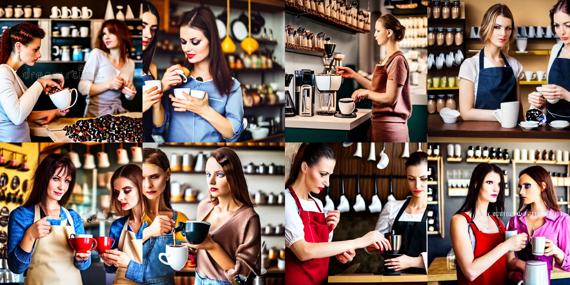 Prompt: professional photo two women creating a coffee in a shop very detailed eyes, Ukraine. professional photo