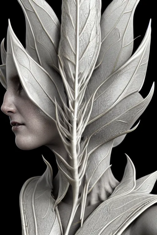 Image similar to bw close - up profile face, black background, beautiful young porcelain vegetal - dragon - cyborg - female, 1 5 0 mm, beautiful natural soft rim light, silver gold details, magnolia leaves and stems, roots, mandelbot fractal, elegant, ultra detailed, white metallic armour, octane render, h. r. giger style