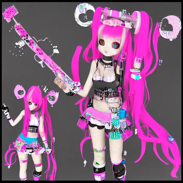 Image similar to 3 d render of a decora gyaru kawaii cybergoth emo girl, in a cyberpunk blade runner maximalist city of my melody sanrio plushies