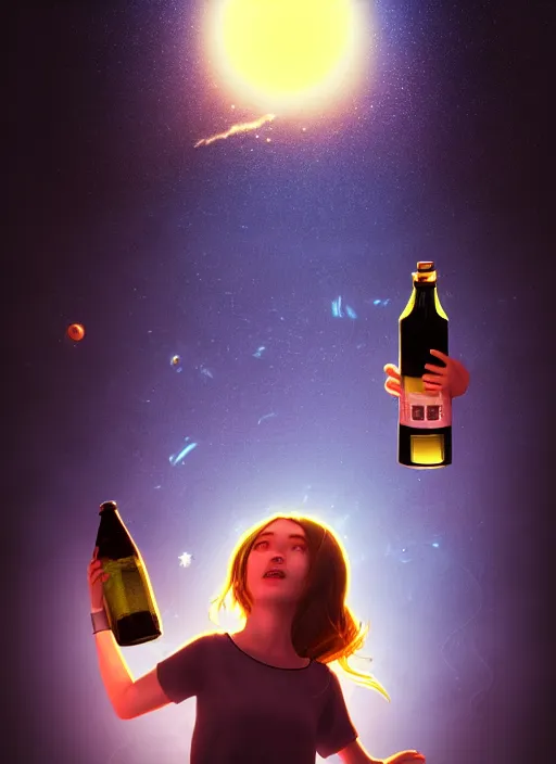 Image similar to girl shakes a bottle containing the sun and the milky way in a dimly lit room. fantasy art, horror, nightmare, photo realistic, dynamic lighting, artstation, poster, volumetric lighting, very detailed faces, 4 k, award winning