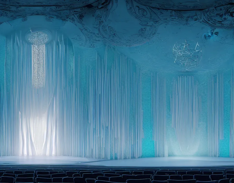 Prompt: a beautiful white head of maniquen stands in the center of the stage floor, around humanity in the form of a flow structure, flow shapes, white color minimal teatrical decoration, theatrical stage concept. Royal Court Theater in London. octane rendering, cinematic, octane rendering, 8k, depth of field, bokeh. iridescent accents. vibrant. teal white and blue color scheme