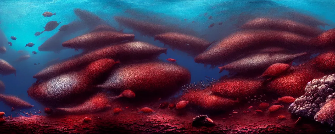 Image similar to A gorgeous detailed oil of a dark red sea covered in big blue steep rocks, a school of piranhas underwater, the further away the mistier it gets, surreal, concept art, dark aesthetic, atmospheric, moody, hyperrealism, highly detailed, masterpiece, award winning, 4k, unreal engine