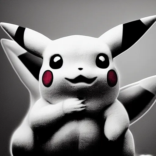 Image similar to hyper - realistic picture of pikachu, black and white, 4 k, cinematic, well - lit, very detailed