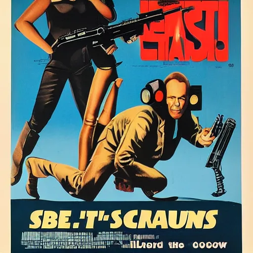Image similar to a 1 9 7 0's b - movie poster for a movie about a man with two shotguns for legs and two shotguns for arms, his beautiful new girlfriend alien and his main villain, the state senator of kentucky richard croc