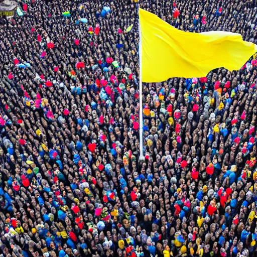 Image similar to a crowd of people with ukrainian flags bring down statue of vladimir lenin, leica sl 2 5 0 mm, dslr, vivid color, high quality, high textured, real life