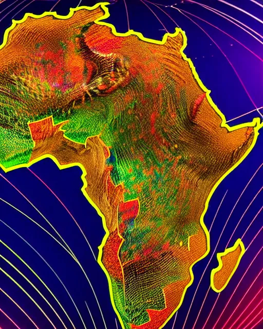 Image similar to a extremely ultra highly detailed hi - res ultra highly detailed colorful logo of africa black background, zoom out, 8 k, high textures, ultra hyper sharp, insanely detailed and intricate, super detailed, 3 d render, 8 k hdr ultra high quality high polygon, psychedelic, retro wave, digital art,