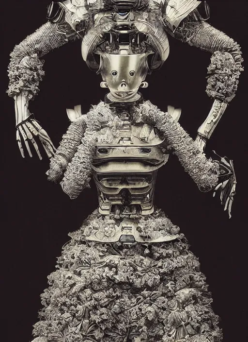 Prompt: old wetplate daguerreotype frame portrait of a futuristic silver armored dictator geisha district 9 cyborg, fractal, intricate, elegant, highly detailed, subsurface scattering, by jheronimus bosch and greg rutkowski and louis jacques mande daguerre