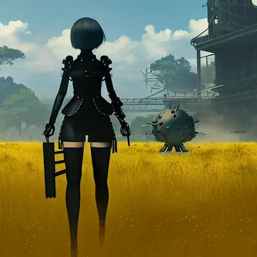 Prompt: a very high resolution image from nier : automata, featuring 9 s android fighting militarized police forces in yellow rye field under pure blue skies