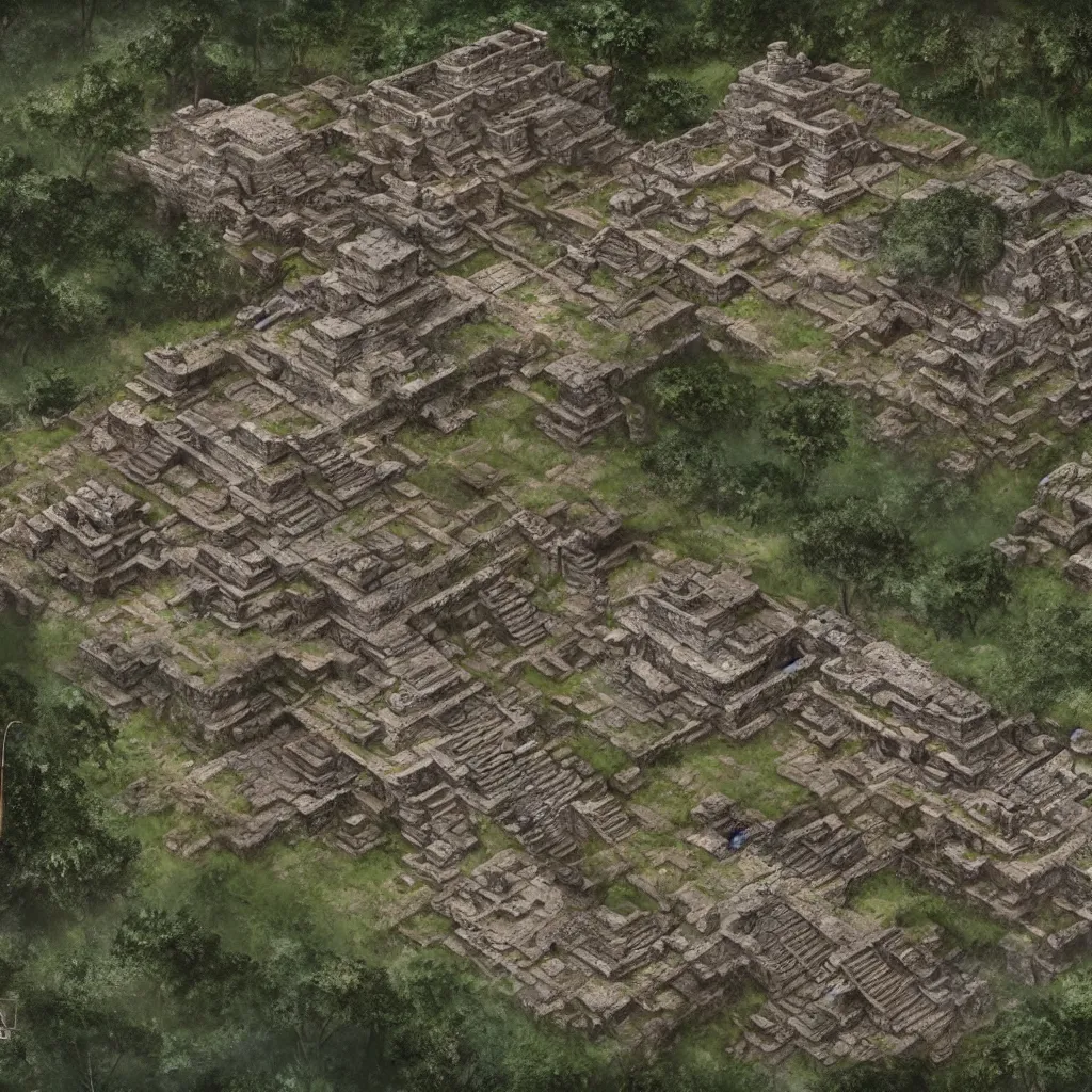 Image similar to Detailed map of ancient mayan ruins in a 2.5D video game, by Greg Rutkowski