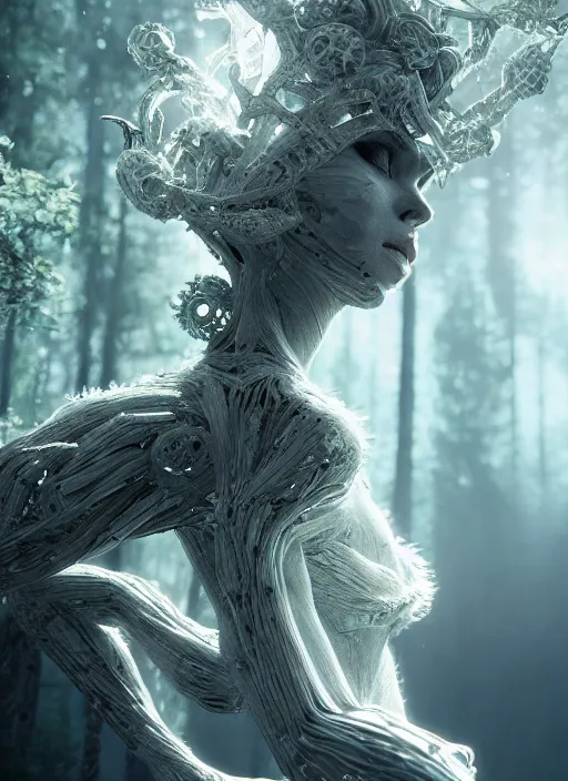 Image similar to stunning biomechanical incredible hair, masterpiece crystalline incrustations, hyperdetailed face, elegant pose, movie still, intricate, octane render, cinematic forest lighting, cgsociety, unreal engine, crepuscular rays, god rays