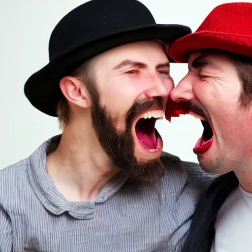 Image similar to hat with eyes mouth and teeth biting onto the top of a man's head, man is shouting in pain, funny professional photo