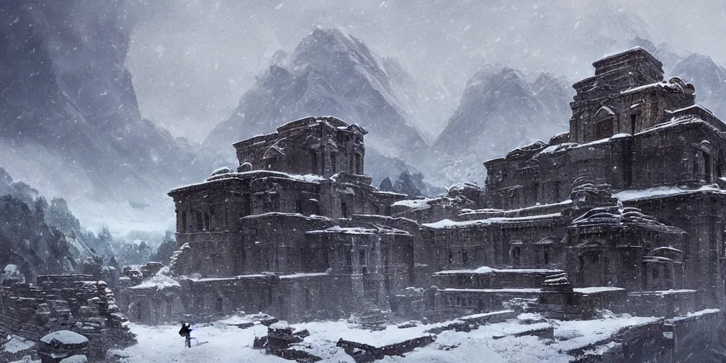 Prompt: immense and imposing himalayan ruins nestled on a mountain side, a snow storm fills the sky, fantasy, magical lighting, Greg Rutkowski and Studio Ghibli and Ivan Shishkin