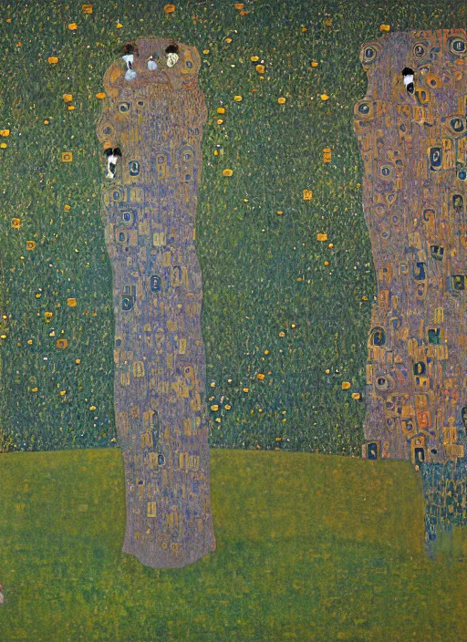 Prompt: a landscape painting of a cognitive optical illusion of trees, with four people who are trees in the foreground making extreme dynamic poses painted by gustav klimt