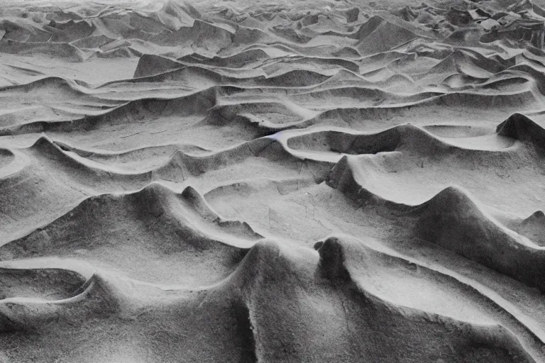 Prompt: landscape hills made of liquid melted wax paper and white brutalist desert gothic cathedral