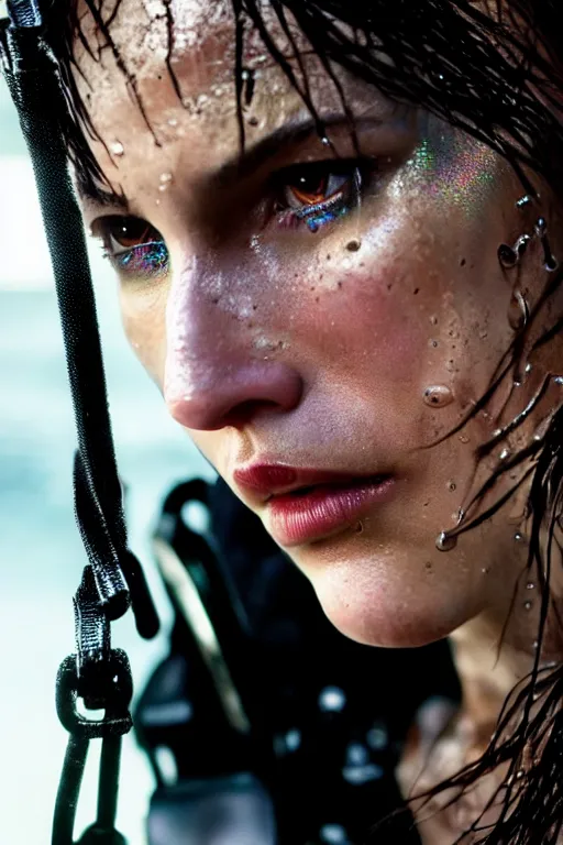 Image similar to cinestill 5 0 d candid action photographic portrait by quentin tarantino of lara croft wearing rugged black mesh techwear in treacherous waters, extreme closeup, modern cyberpunk retrofuturism moody emotional cinematic, pouring iridescent rain, 8 k, hd, high resolution, 3 5 mm, f / 3 2, motion blur, ultra realistic faces, ex machina 8 k