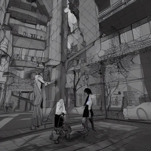 Image similar to berlin bumlife with my two friends v and v, in the style of james jean, artstation trending, 8 k, 3 d render, photorealistic, volumetric lighting caustics, black and white