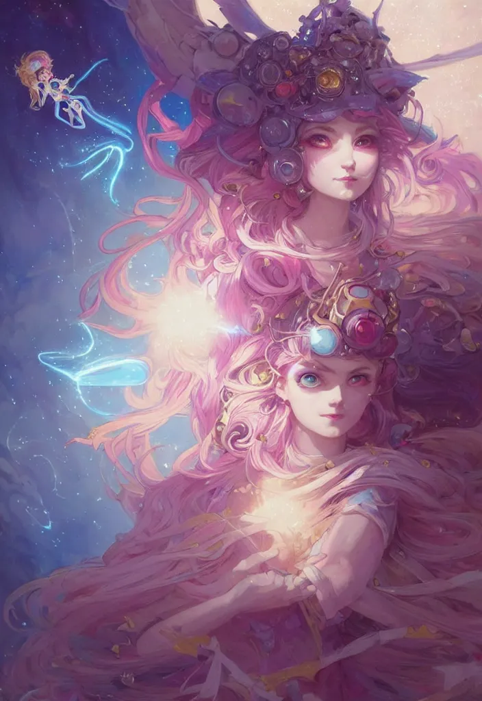 Image similar to close up picture of an maximalist dress magical girl, neat hair with bangs, smug face, extremely beautiful and aesthetic and detailed cute face and eyes, wipe out evils with cute astronaut familiar sprites, aming the magical beams to the camera, chiaroscuro, intricate, masterpiece, epic fantasy illustrations by peter mohrbacher and anato finnstark and jeremy lipking