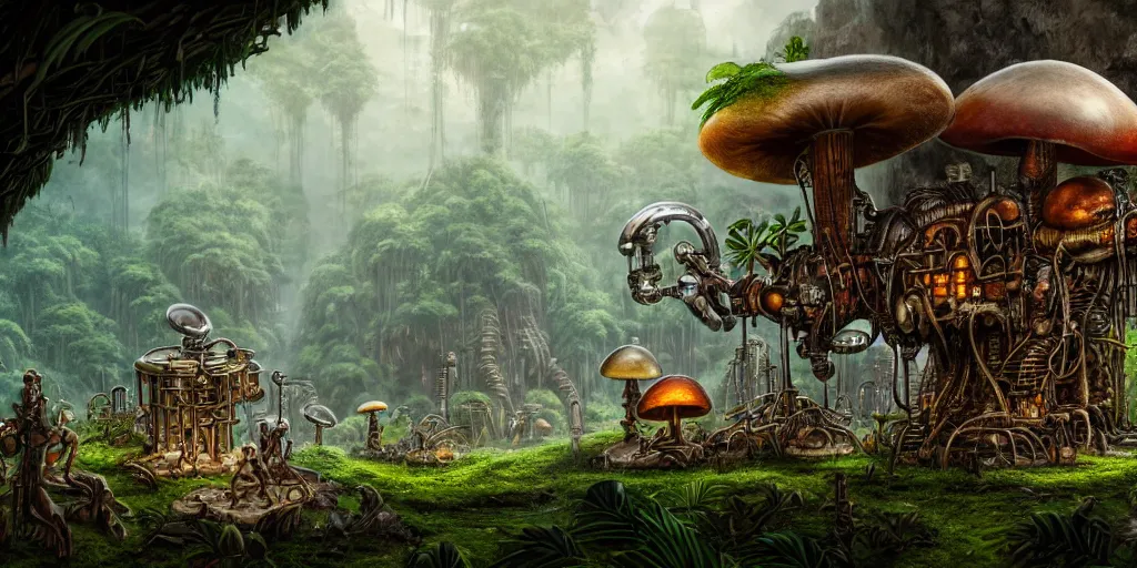 Prompt: a chrome drilling bot in a jungle village of mushroom dwellings, matte oil painting, retrofuturistic, science fantasy, salt, rust, mutant, lgbt, queer, rpg, epic, dungeons & dragons, sacred, sharp focus, award - winning, extremely detailed, 4 k, 8 k