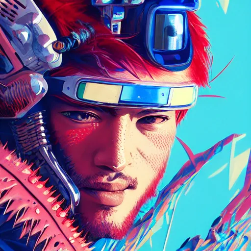 Prompt: portrait painting of a street samurai with spiky red hair riding a blue motorcycle, cyberpunk, glitchwave, ultra realistic, concept art, intricate details, eerie, highly detailed, photorealistic, octane render, 8 k, unreal engine. art by josan gonzales and moebius