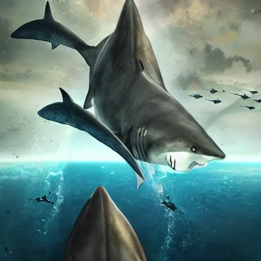 Image similar to Still from the movie Sharknado, in space with angry sharks floating on the left in front of the interstellar space filled with stars, ready to attack the planet earth on the right. Elegant, intricate, digital painting, artstation, concept art, smooth, sharp focus, illustration, art by artgerm and greg rutkowski and alphonse mucha.