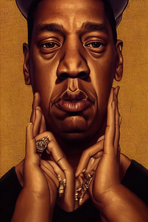 Image similar to portrait of rapper jay - z with hat, staring directly into camera, intricate, elegant, glowing lights, highly detailed, digital painting, artstation, sharp focus, illustration, art by wlop, mars ravelo and greg rutkowski