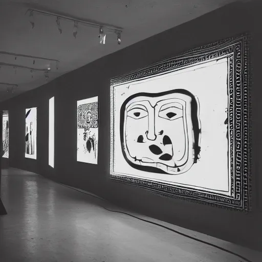 Prompt: A black and white screen print photography of gallery exhibition view from the 60s, neon light, anthropology, colonial, wild, exotic, masks, ethnography, screen printing